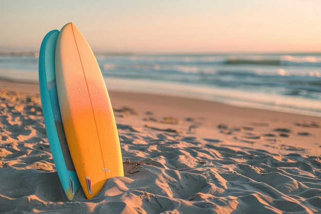 Foto o nascer do sol ilumina as pranchas de surf na praia as primeiras luzes num paraíso de surfistas