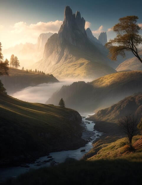 O nascer do sol ilumina um majestoso pico da montanha com um rio em cascata abaixo