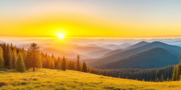 O nascer do sol iluminando majestosas montanhas e uma densa floresta de pinheiros