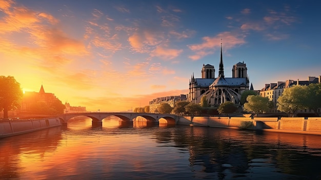 O nascer do sol sobre o rio Sena e a Cidade Velha de Paris é uma visão de tirar o fôlego com a icônica Notre Dame de Paris no horizonte