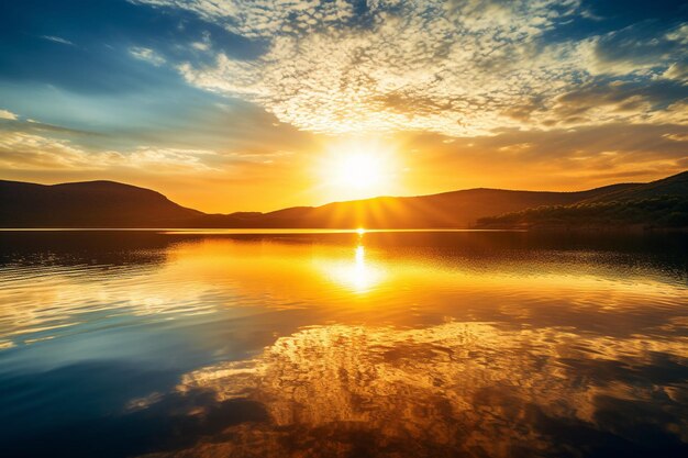 Foto o nascer do sol sobre um lago calmo refletindo cores vibrantes na água