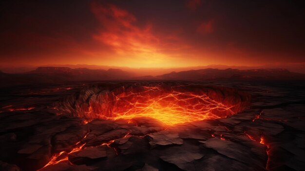 O nascer do sol sobre uma terra derretida brilho de fogo lente larga