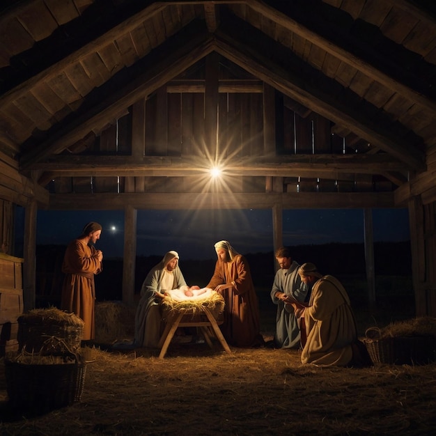 O Nascimento de Cristo num estábulo noturno