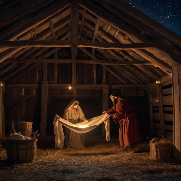 Foto o nascimento de cristo num estábulo noturno