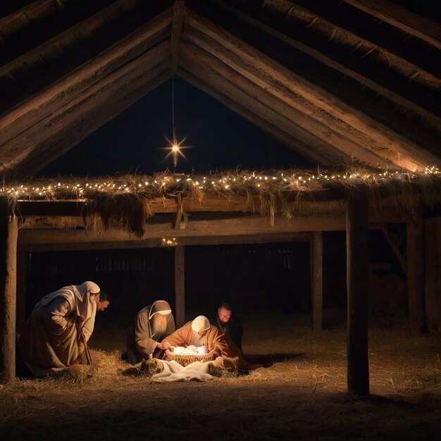 O Nascimento de Cristo num estábulo noturno