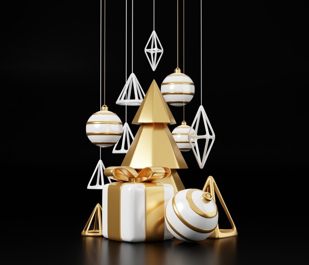 O Natal de luxo 3d rendem a bandeira ou o cartão. Decoração moderna mínima de ano novo e Natal dourada e preta com árvore, doces, bola, caixa de presente em fundo preto