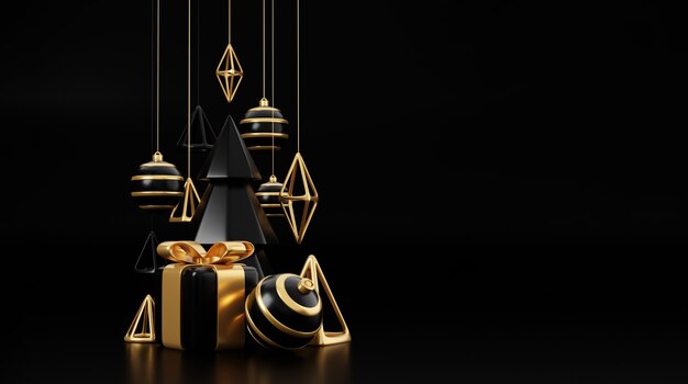 O Natal de luxo 3d rendem a bandeira ou o cartão. Decoração moderna mínima de ano novo e Natal dourada e preta com árvore, doces, bola, caixa de presente em fundo preto