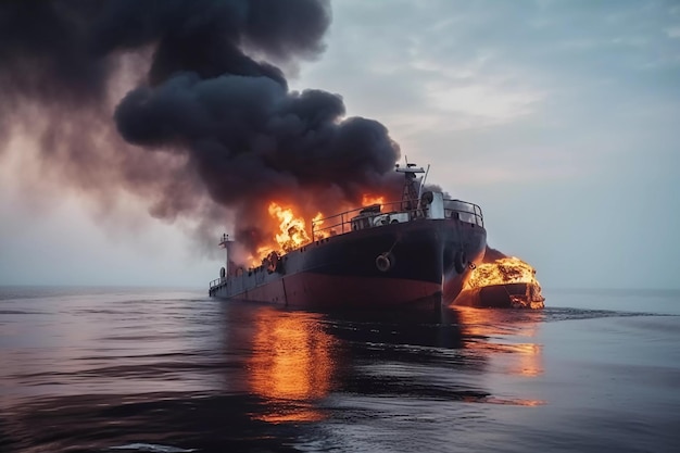 O navio está pegando fogo no mar fogo no navio