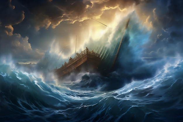 O navio gigante do profeta Noé em ondas gigantes azuis dramáticas hiperrealistas luzes e sombras dramáticas