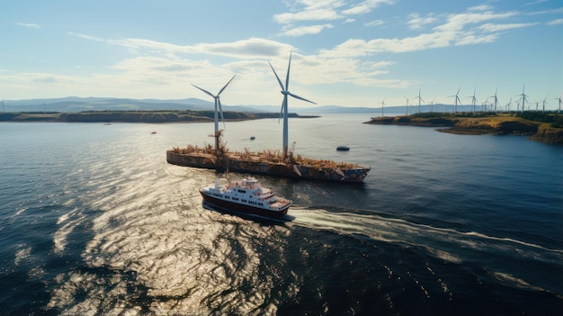 O navio navegou para a turbina eólica para repará-la.