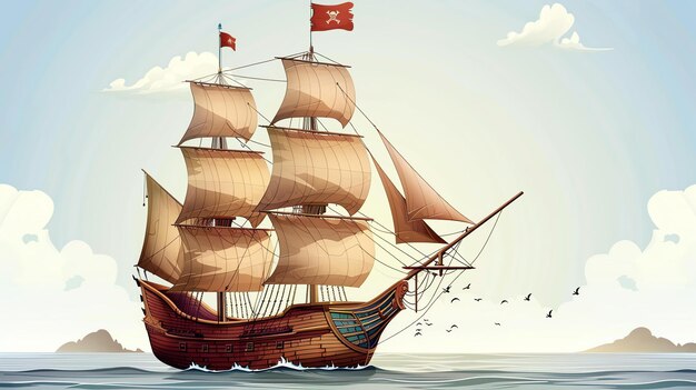 Foto o navio pirata navega em alto mar em busca de aventura e tesouro.