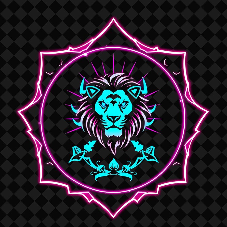 Foto o néon brilhante delineia um emblema circular com bordas irregulares que emitem uma aura crepitante.