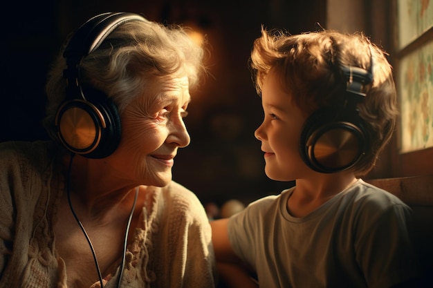 O neto e a avó com fones de ouvido divertem-se.
