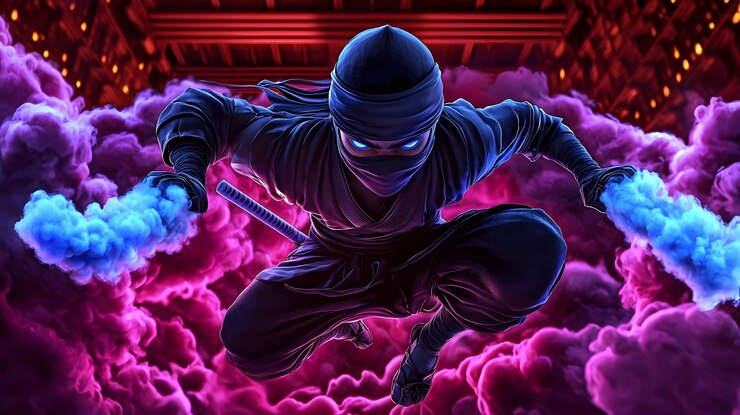 O ninja furtivo escapa numa nuvem de fumaça nebulosa