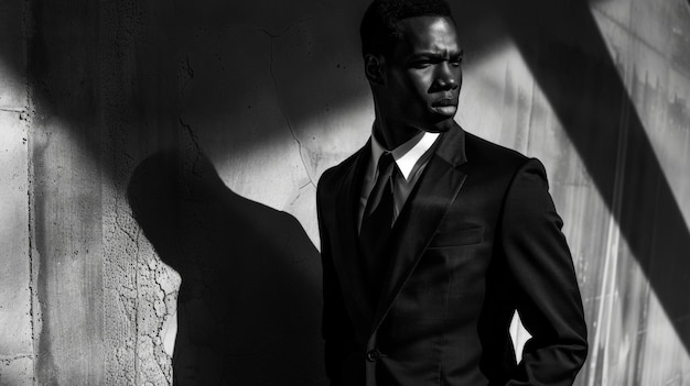 O notável contraste de sombras e luz joga com as características de um belo homem negro vestido