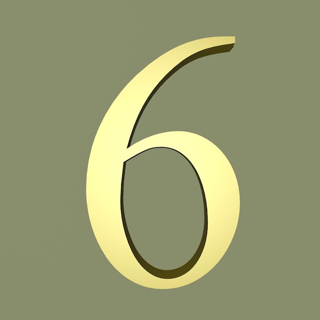 O número 6 é ilustração de renderização 3D dourada do número seis