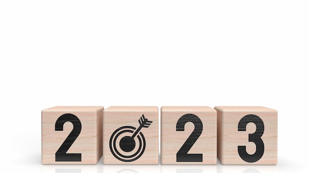 O número de 2023 no cubo de madeira para o ano novo ou o conceito de negócios 3d rendering