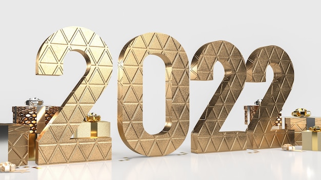 O número dourado 2022 e a caixa de presente em fundo branco para o ano novo ou o conceito de negócio renderização em 3d