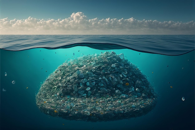 O oceano cheio de resíduos de plástico microplástico poluindo o mar Generative ai