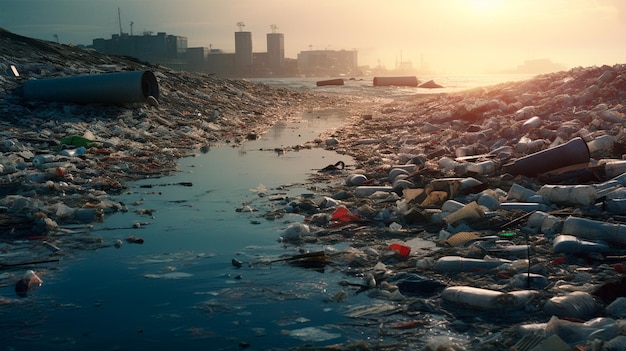 Foto o oceano poluído por plástico e lixo