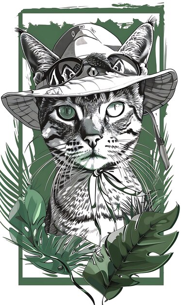 Foto o ocicat cat com prowling pose e usando um chapéu safari adorn frame art design ilustração design