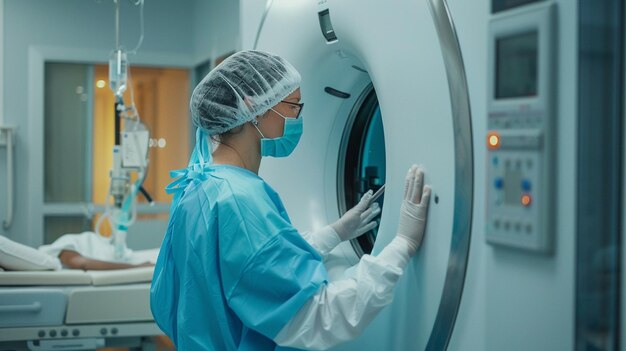 O oficial de radiologia está a usar uma ferramenta de tomografia computadorizada.