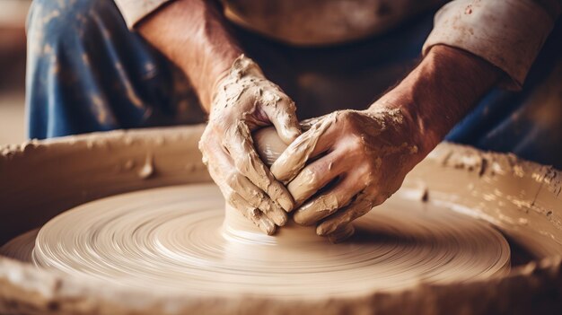 O oleiro no trabalho As mãos do mestre em close-up O processo de fabricação de cerâmica