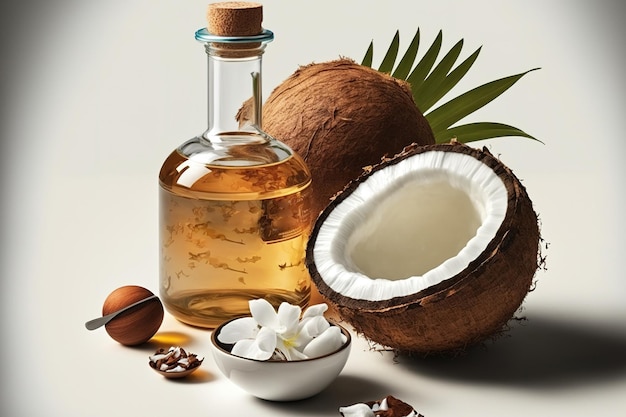 O óleo de coco e os frutos de coco cortados ao meio são exibidos contra um fundo branco