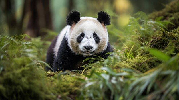 O olhar cativante de um panda gigante em vegetação exuberante Um símbolo de esperança IA geradora