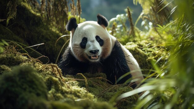 O olhar cativante de um panda gigante em vegetação exuberante Um símbolo de esperança IA geradora