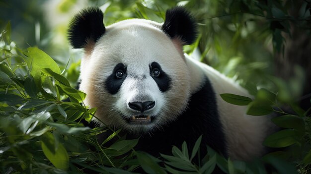 O olhar cativante de um panda gigante em vegetação exuberante Um símbolo de esperança IA geradora