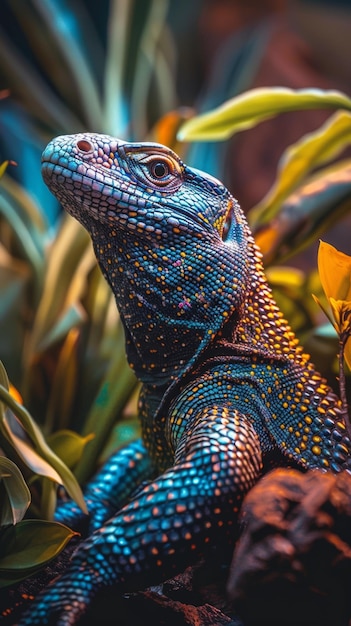 O olhar enigmático de um lagarto atravessa as sombras da folhagem. Suas escamas azuis e laranjas contrastam fortemente com o verde circundante.