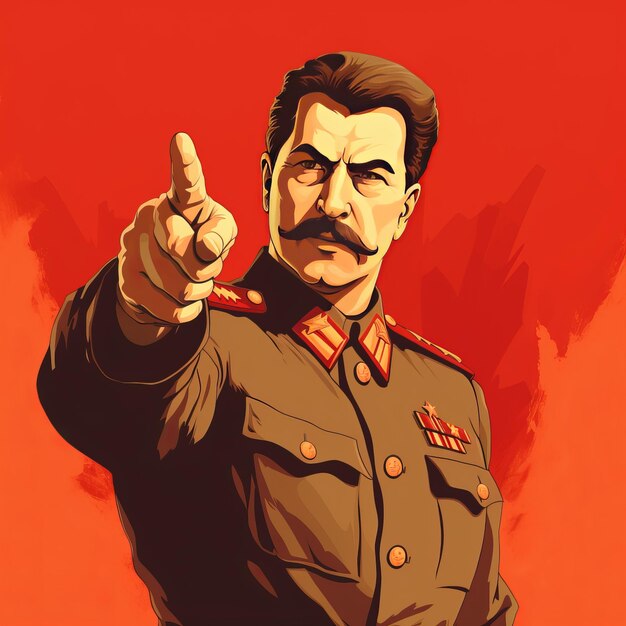 O olhar intenso de Joseph Stalin Um fundo vermelho amplificando o poder político
