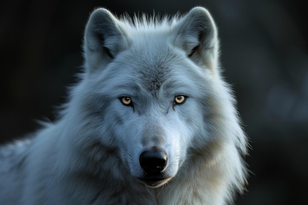 O olhar intenso do majestoso lobo branco contra um fundo escuro