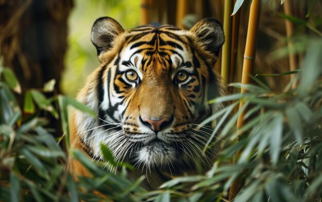 O olhar intenso dos tigres num mato de bambu