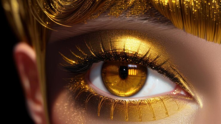 Foto o olho de uma mulher com tinta dourada e olhos dourados