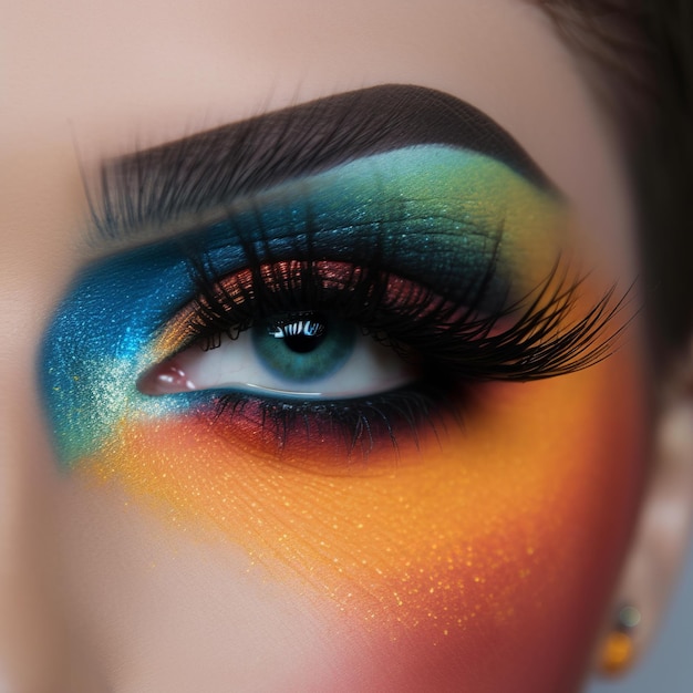 O olho de uma mulher com uma maquiagem colorida do arco-íris.