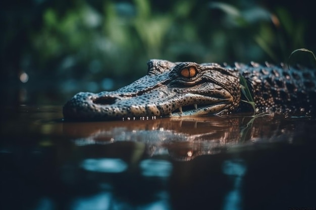 O olho do crocodilo reflete na água