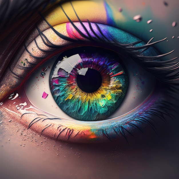 O olho humano olhando para a câmera com uma íris azul amarela Desenho colorido fundo escuro cores saturadas brilho ilustrações de alta resolução arte AI