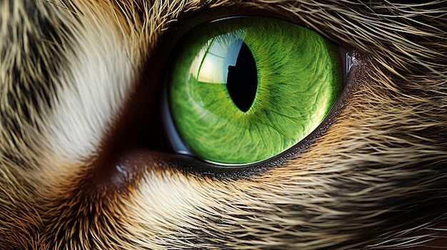 O olho verde do gato ampliado revela padrões intrincados e profundidades uma janela para a sua alma
