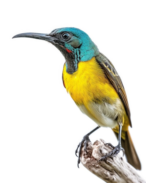 o Oliveebacked Sunbird em pé em pequena raiz isolada em fundo branco