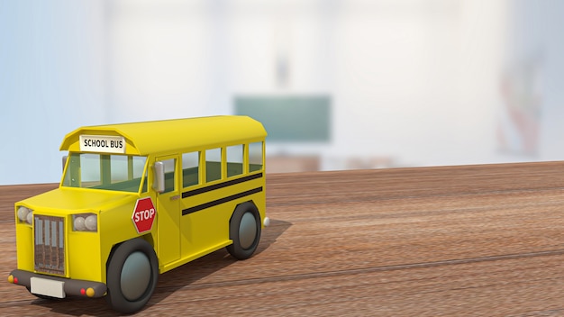 O ônibus escolar na mesa de madeira na sala de aula para a volta às aulas ou o conceito de educação renderização em 3d