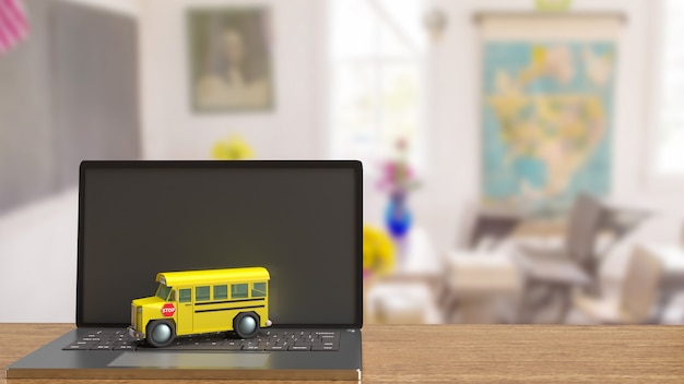 O ônibus escolar no laptop para o conceito de aprendizagem e renderização em 3D