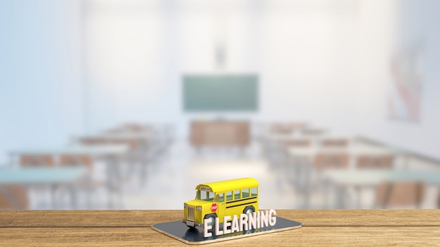 O ônibus escolar no tablet para renderização 3d do conceito de e-learning