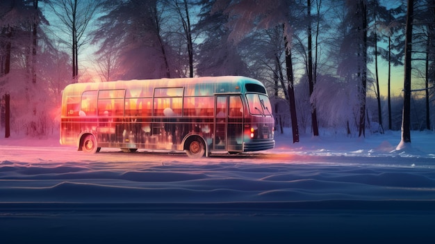 O ônibus turístico na tempestade de neve de inverno dirige na floresta.