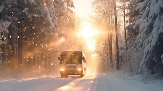 O ônibus turístico na tempestade de neve de inverno dirige na floresta.