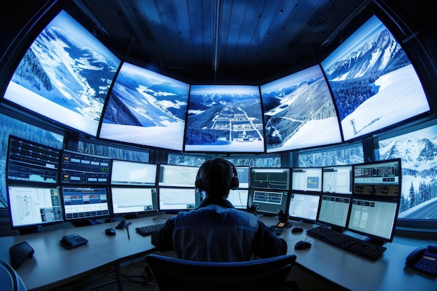 O operador monitora as actividades em múltiplos ecrãs, assegurando a segurança da informação