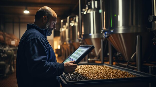 Foto o operador utiliza um computador tablet para verificar a qualidade e a temperatura da fermentação do fermento no lúpulo de cisterna.