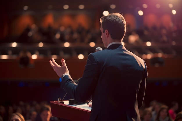 O orador motivador cativou o público com uma apresentação inspiradora em uma conferência ou evento