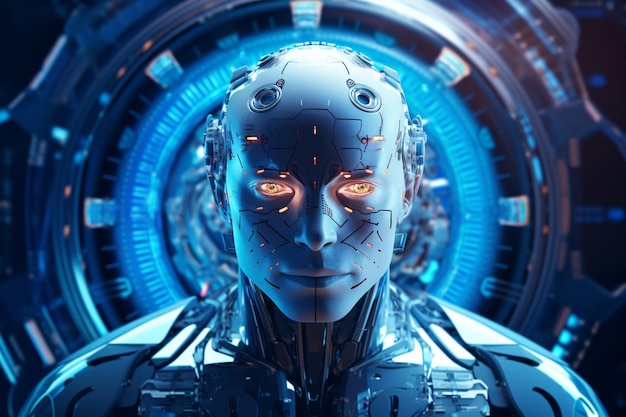O organismo robótico cibernético trabalha com uma interface de HUD virtual na realidade e um chip de IA com roda dentada